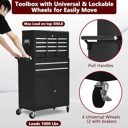 Heavy Duty 5-Drawer Rolling Tool Chest, 2-in-1 Detachable Top Tool Box, Locking Steel Storage Cabinet Cart on Wheels, Red&Black - color: Red&black, size: 5 Drawers
