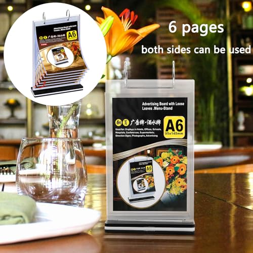 2Pcs Table Flip Menu Holder with 6 Pages Sleeve, 4" X 6" Tabletop Sign Signage Vertical Display Stand with Base, Acrylic PVC Rotating Poster Binders Rack, for Photo, Restaurant, Bar, Job Fair