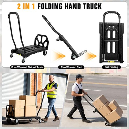 Folding Hand Truck with 4-Wheel Mode, 2 in 1 Collapsible Push Cart & Fold-Up Toe Plate – 300lbs Heavy Duty Dolly Pull Cart with Wheels Portable Hand Truck for delivery, Warehouse & Moving