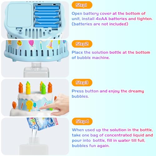 Panamalar Birthday Cake Bubble Machine, Automatic Bubble Blower for Kids Boys Girls 10000+ Bubbles Per Minute with Lights/Music/Solution, Party Cake Bubble Maker Toys for Birthday Outdoor Wedding Gift - color: Blue