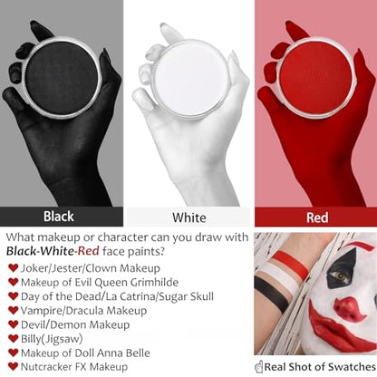 White Black Red Joker Clown Face Body Paint with Brushes for Halloween Makeup, Water Based Face Painting Kit Non Toxic for Kids & Adults, Facepaint Set for Skull Witch Goth Vampire SFX Cosplay Make Up - color: Black+White+Red+3Pcs Brushes