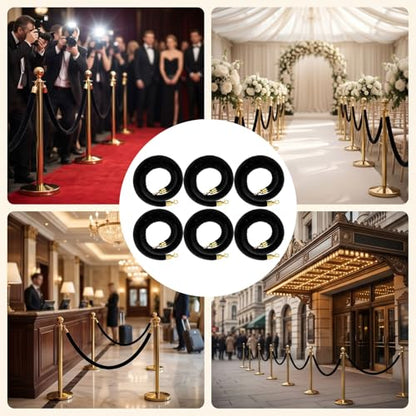 6-Pack Black Velvet Stanchion Ropes, 5ft Crowd Control Barrier with Gold Hooks for Events, Parties, Weddings, Hotels, Movie Theaters, Red Carpet Openings