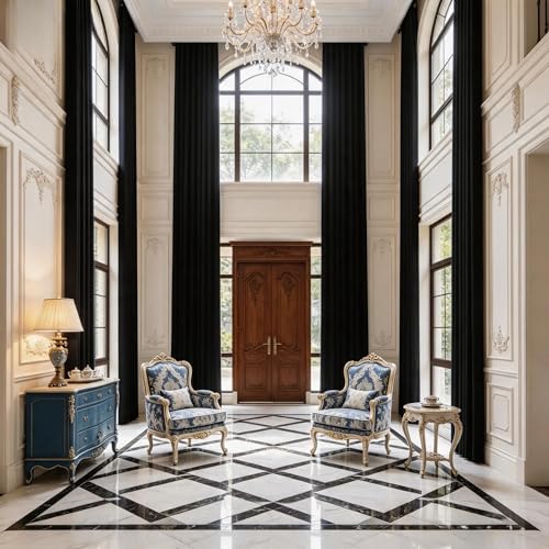 Darkening Extra Long Blackout Curtains，216" Long Grommet High Ceiling Draps Noise Reducing 2 Story Curtains for Bedroom Living Room Windows(1Panel,Black 52X216) - color: Black, size: 52"W x 216"L (Pack of 1)