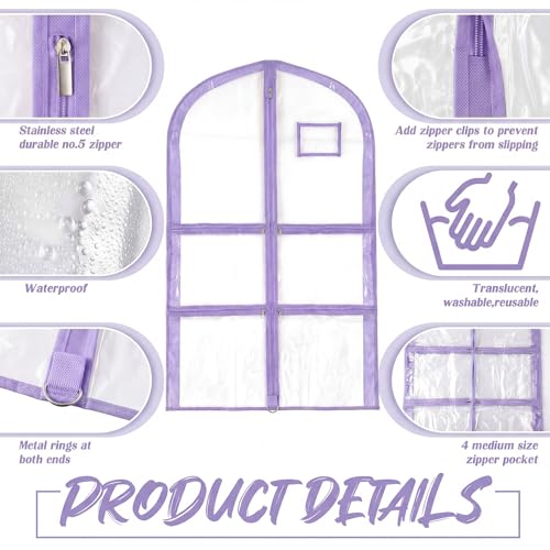 Nuenen 3 Pack Dance Garment Bags for Costumes Clear Dance Recital Organizer with Pockets & Labels, 40 Inch PVC Hanging Costume Bag for Competition Travel, Garment Bag with Compartments(Purple) - color: Purple