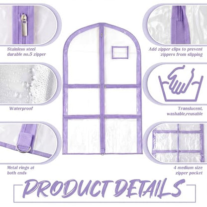 Nuenen 3 Pack Dance Garment Bags for Costumes Clear Dance Recital Organizer with Pockets & Labels, 40 Inch PVC Hanging Costume Bag for Competition Travel, Garment Bag with Compartments(Purple) - color: Purple