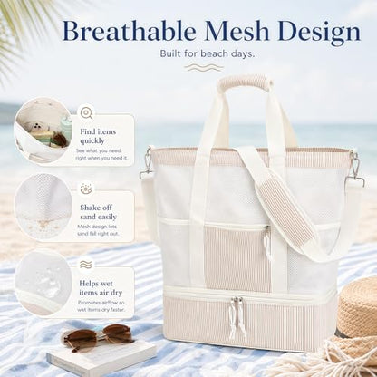 Bluboon Mesh Beach Tote Bag with Cooler Compartment Insulated Detachable Picnic Bag with Zipper and Pocket Pool Bag for Women - color: Sand White Vertical Stripe