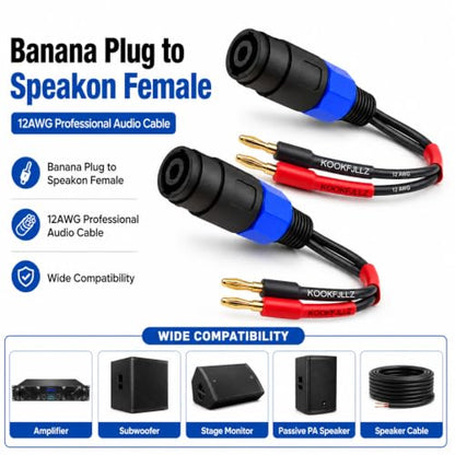 Speaker Cable Adapter, Banana Plug to Speakon Female Cable, 6 Inch 12AWG OFC Speaker Adapter Cable Male to Female for Amplifier PA System Stage Monitor Home Theater Live Sound (2-Pack)