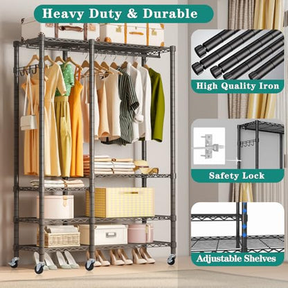 5 Tiers Wheel Portable Heavy Duty Garment Rack | Wire Adjustable Rolling Clothing Rack with Lockable Wheels & 2 Hanger Rods, Max Load 850LBS, Black - color: Black, size: A3W: 5 Tiers with 1 Rods,44.9"L x 16.5"W x 78.7"H