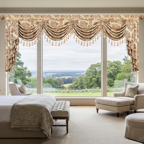 Leeva Waterfall Valance 110" Ultra Wide Buttercream, Antique Damask Jacquard & Elegant Drape Tassels, Swag Window Curtains for Bedroom Living Room, Rod Pocket Top - color: *Beige, size: 110"W x 45"L (Pack of 1)