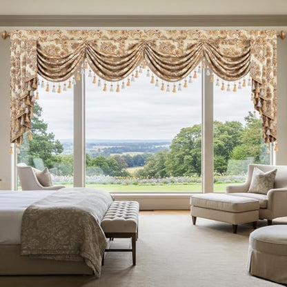 Leeva Waterfall Valance 110" Ultra Wide Buttercream, Antique Damask Jacquard & Elegant Drape Tassels, Swag Window Curtains for Bedroom Living Room, Rod Pocket Top - color: *Beige, size: 110"W x 45"L (Pack of 1)
