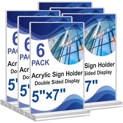 Acrylic Sign Holder 5x7,6 Pack Clear Plastic Table Display Vertical Double-Sided Desktop Display Stand Paper Holder Clear Table Sign Holder for Menu ad Frame Suitable Restaurants Meeting Office Store - size: Vertical 6 Pack 5x7''