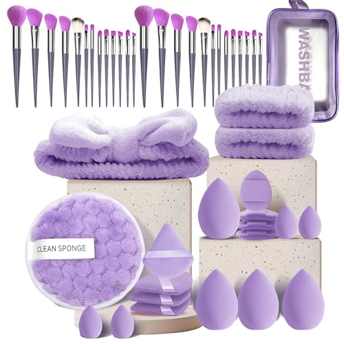 47Pcs Purple Makeup Brushes Set for Women, Professional Multi-Functional Makeup Tools with Storage Case, Includes Foundation & Eye Brushes, Makeup Sponge & Facial Accessories (purple) - color: purple