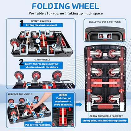 Folding Platform Truck, 600lbs Capacity Flatbed Dolly with Expandable Deck | Heavy Duty Collapsible Dolly Cart w/ Brake Wheel, Retractable Handle,Sponge Grip,Portable for Luggage,Camping,Office - style: 6-wheel dolly