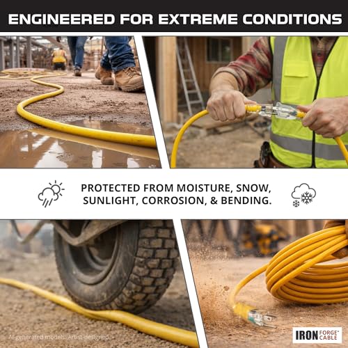 Iron Forge Cable 50 Foot Lighted Outdoor Extension Cord with 3 Electrical Power Outlets - 12/3 SJTW Heavy Duty Yellow Extension Cable with 3 Prong Grounded Plug for Safety, 15 AMP - size: 50 ft