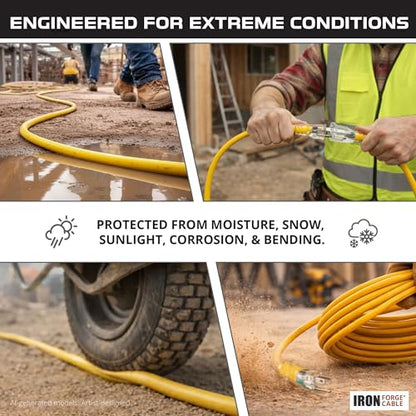 Iron Forge Cable 50 Foot Lighted Outdoor Extension Cord with 3 Electrical Power Outlets - 12/3 SJTW Heavy Duty Yellow Extension Cable with 3 Prong Grounded Plug for Safety, 15 AMP - size: 50 ft