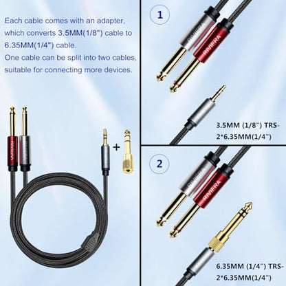 RIVIERA 10FT/3.0M Audio Cable 3.5mm 1/8" TRS to Dual 6.35mm 1/4" TS Braided Sheilded Copper Wire and 24K Gold Plated Low Noise with Braided Nylon Jacket for Digital Players & Musical Instruments - color: 1/8 TRS-Dual 1/4 TS Black, size: 10FT/3.0M