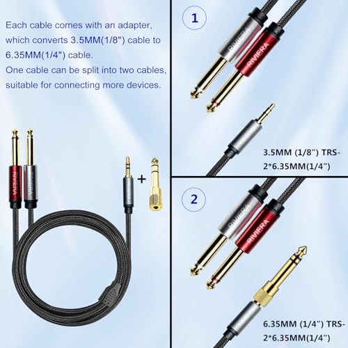 RIVIERA 20FT/6.0M Audio Cable 3.5mm 1/8" TRS to Dual 6.35mm 1/4" TS Braided Sheild Copper Wire and 24K Gold Plated Low Noise with Braided Nylon Jacket for Digital Players & Musical Instruments - color: 1/8 TRS-Dual 1/4 TS Black, size: 20FT/6.0M