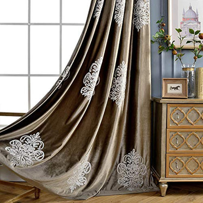 VOGOL Super Soft Luxury Velvet Blackout Curtains, Grommet White Flower Embroidered Soft Chocolate Brown Flannel Draperies for Living Room, 52 x 96 Inch, 2 Panels, Noise Reduction - size: 52"W x 96"L (Pack of 2)