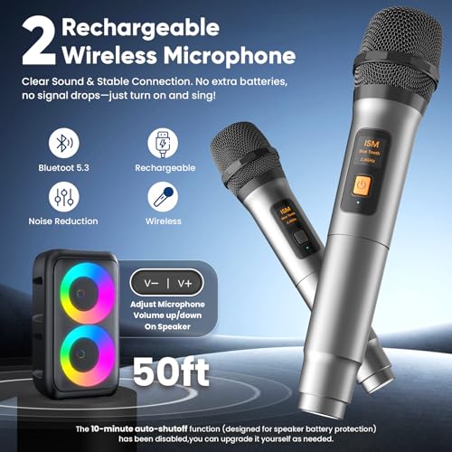 Karaoke Machine, Bluetooth Speaker with 2 Wireless Microphones Adults Kids | Portable Size, TWS Mode, LED Light, 10H Battery PA System,Dual Speaker, USB TF AUX, Home Party Outdoor Camping Birthday Gifts - size: 2 Mics