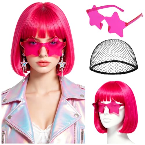 Short Bob Straight Hair Wigs with Bangs, Heat Resistant Fiber Hair, Star-shaped Glasses for Women (Hot Pink) - color: Hot Pink