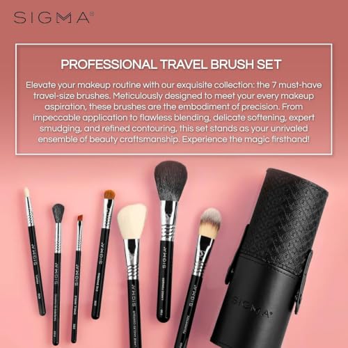 Sigma Beauty Essential Travel Brush Set 7-Pc Makeup Brushes & Carrying Case | SigmaTech Synthetic Fibers With Waterproof Handles For Liquid, Cream and Powder Application Plus Durable SigmaAlloy Ferrules - style: Essential Travel Set