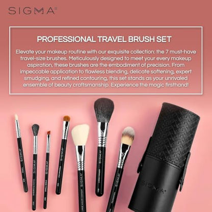 Sigma Beauty Essential Travel Brush Set 7-Pc Makeup Brushes & Carrying Case | SigmaTech Synthetic Fibers With Waterproof Handles For Liquid, Cream and Powder Application Plus Durable SigmaAlloy Ferrules - style: Essential Travel Set