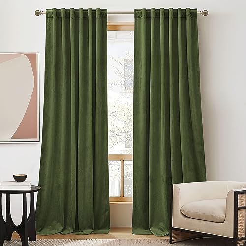 RYB HOME Velvet Room Darkening Curtains for Living Room 72 inches Long - color: Army Green, size: 52"W x 72"L (Pack of 2)