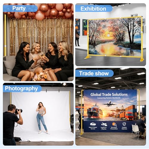 10x8FT Banner Stand, Heavy Duty Step and Repeat Stand, Gold | Height Adjustable Background Frame with Spring Clamps x4, Clips x4, For Photobooth, Parties, Exhibition, Trade Show, Wedding - color: Gold, size: 8x10ft