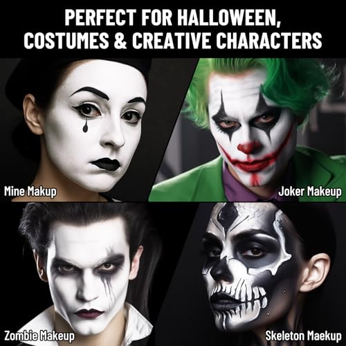BOBISUKA Black & White Face Body Paint + Setting Powder + 3PCS Artist Brushes Face Painting Kit for Adult Large Capacity Professional Oil Based Cream Paints Palette For Halloween Clown Skeleton Vampir - color: SET 02
