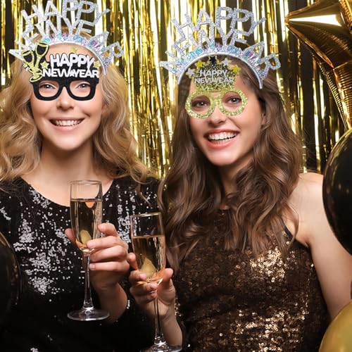 6 Pcs Happy New Year Headband New Years Eve Headwear Gold Silver Glitter Flashing Headband for Christmas 2026 New Year Eve Party Supplies