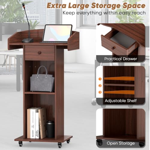 Portable Podium Stand with Metal Wheels, Rolling Podium with Drawer and Adjustable Shelf, Mobile Pulpit for Church, Wooden Lectern for Classroom Office Restaurant Conference (Brown) - color: Brown