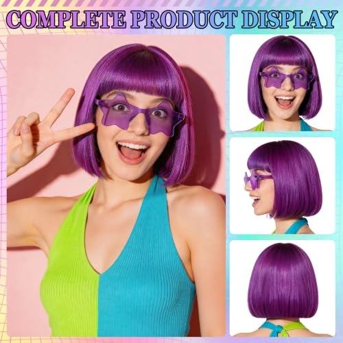 Short Bob Straight Hair Wigs with Bangs, Heat Resistant Fiber Hair, Star-shaped Glasses for Women (Purple-Red) - color: Purple-Red