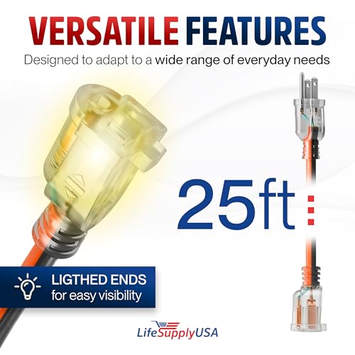 25ft Outdoor/Indoor Extension Cord 12/3 Gauge Extra Heavy Duty 3 Prong SJTW, Waterproof, Flexible Cold-Resistant Long Power Cord,15A 125V 1875W, Orange and Black by LifeSupplyUSA