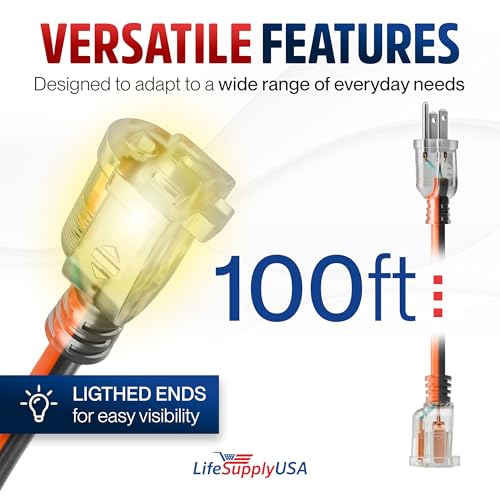 100ft Outdoor/Indoor Extension Cord 12/3 Gauge Extra Heavy Duty 3 Prong SJTW, Waterproof, Flexible Cold-Resistant Long Power Cord,15A 125V 1875W, Orange and Black by LifeSupplyUSA