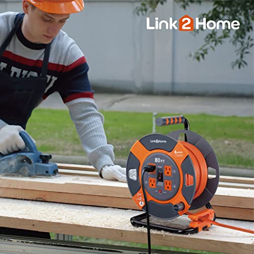 Link2Home 80 Ft. Extension Cord Reel, 4 Power Outlets, 14 AWG SJTW | Heavy-duty cable, high-visibility jacket, ideal for job sites and garages - size: 80 feet