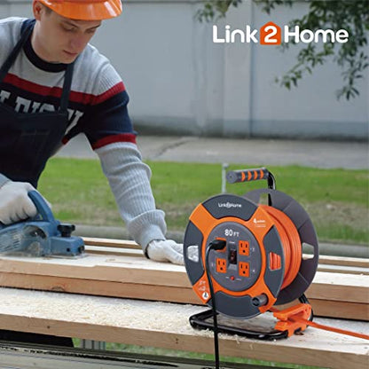 Link2Home 80 Ft. Extension Cord Reel, 4 Power Outlets, 14 AWG SJTW | Heavy-duty cable, high-visibility jacket, ideal for job sites and garages - size: 80 feet