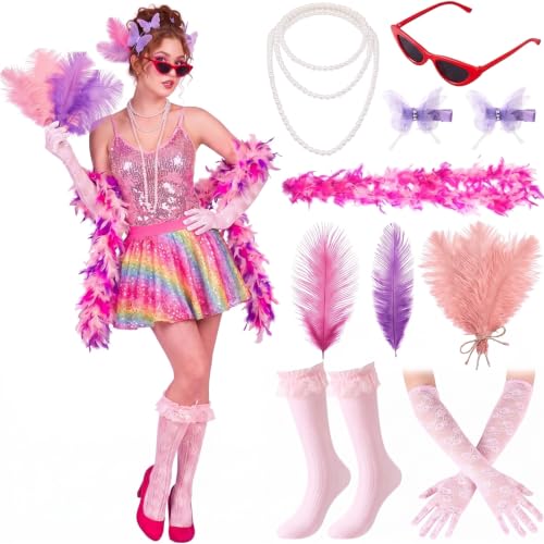 Huwena 8 Pcs Feather Boa Costume Accessory Set for Women Halloween Costume | Pink Feather Boa Pearl Necklace Sunglasses Lace Gloves Socks Butterfly Clips for Cosplay Party Wedding Tea