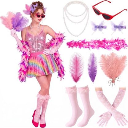 Huwena 8 Pcs Feather Boa Costume Accessory Set for Women Halloween Costume | Pink Feather Boa Pearl Necklace Sunglasses Lace Gloves Socks Butterfly Clips for Cosplay Party Wedding Tea