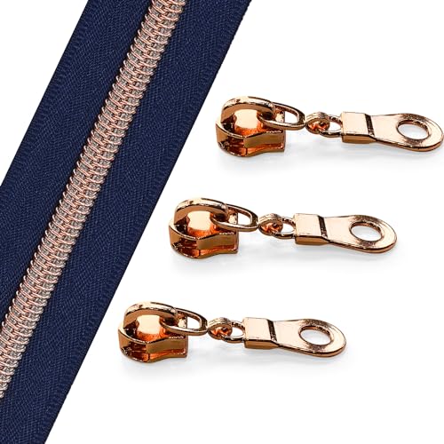 The Yards 10 Yards Bulk Navy Blue Nylon Coil Zipper with Rose Gold Teeth - Replacement Sewing Zipper with 10PCS Sliders for DIY Craft Bags - color: RoseGold-NavyBlue