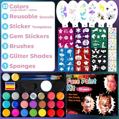 Professional Face Painting Kit – 22 Colors Non-Toxic Face & Body Paints with Rainbow Palette, Brushes, Stencils, Glitter & Gems for Birthday Parties, Halloween, Festivals, School Events - color: 22 Colors