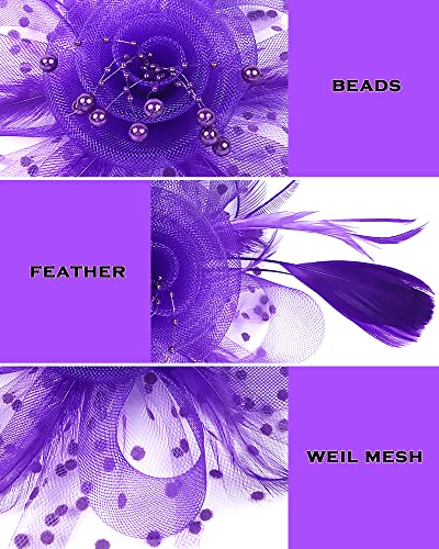 Fascinator Tea Party Hat Women 20s 50s Wedding Cocktail Flower Mesh Feathers Hair Clip for Carnival Halloween - color: A-purple