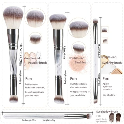 Grey Makeup Brushes set, 4 Dual-Ended Brushes, 3 Makeup Sponges & 1 Metal Stand, Professional Complete Cosmetic Brush Set, for Foundation Powder Blush Eyeshadow - style: Grey 8-piece set