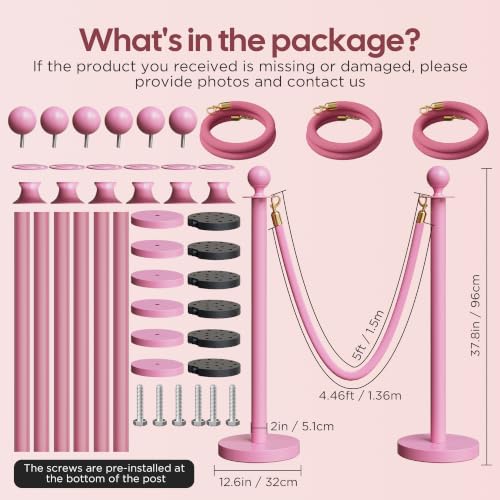 6 Pack Pink Stanchions and Velvet Ropes Set, Stainless Steel Crowd Control Barriers, 3Pcs Pink Ropes and Poles for Party Supplies,Prom,Birthday,Business,Wedding,Baby Shower, Bridal Shower,Anniversary - color: Pink, size: 6pcs