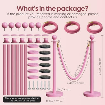 6 Pack Pink Stanchions and Velvet Ropes Set, Stainless Steel Crowd Control Barriers, 3Pcs Pink Ropes and Poles for Party Supplies,Prom,Birthday,Business,Wedding,Baby Shower, Bridal Shower,Anniversary - color: Pink, size: 6pcs