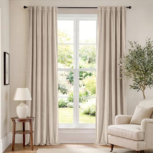 Lazzzy Beige Velvet Curtains Neutral Rod Pocket 52×90 Inch 2 Panels | Soft Velvet, Room Darkening, For Bedroom & Living Space, Light Shifting Texture, Elegant Drape, Cozy - color: R | Beige, size: 52"W x 90"L (Pack of 2)