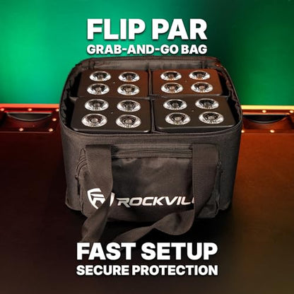 Rockville FLIP 4 Pack Black Battery Par Can Wash Light and Bag and Smart Charger with 4 Leads, Wireless DMX, 15 Hour Battery, 4 Group WiFi App, Easy Angle Adjustments | RGBWA+UV, Wireless DMX, WiFi App Control, 18-Hour Battery Life, Sound Activated, Smart