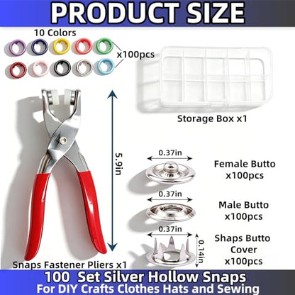 100 Sets Metal Snap Button Kit with Pliers，10 Colors 9.5MM Snap Fasteners Kit，Snaps for Fabric Fastener Pliers Press Tool Kit for DIY Clothing Hats Crafts Snap Button Fasteners Kit for Clothing Sewing