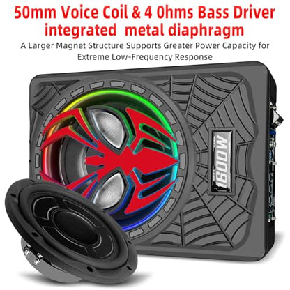 2026 Upgraded 1600W Car Subwoofers, 10" Ultra-Thin Powered Under-Seat Subs with Built-in Amplifier, (LPF/Gain/Bass Boost) RGB Ambient Lights, Independent Bass Knob, High Output Distortion-Free Audio - color: Red MJHS