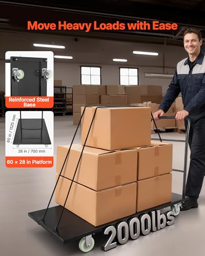 VEVOR 2000 LBS Heavy Duty Platform Truck, Upgraded Version with Larger Deck (60" x 28"), Industrial Steel Flatbed Cart with Swivel Wheels, Push Cart Dolly for Warehouse/Garage/Moving/Garden - size: 60.0 x 27.6 x 42.9 in/1525 x 700 x 1090 mm