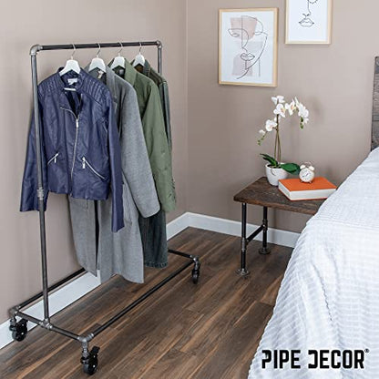PIPE DECOR 39” x 20 ¼” x 58” Rolling Steel Pipe Clothing Rack, Commercial or Residential Industrial Clothes Display, Heavy Duty Black Steel Metal Wheeled Garment Frame - size: 39 in. x 58 in.